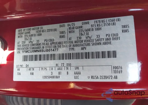 2025 Ford Escape St-Line из США, поврежденный, VIN 1FMCU0MN8SUB01477